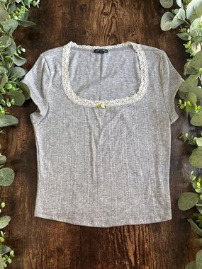 wild fable Gray Ribbed Scoop Neck Top with Lace Trim